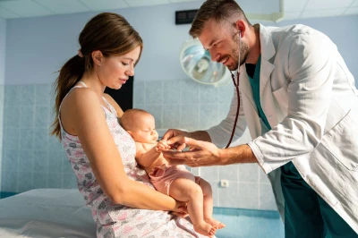 Doctor revisando a un bebé con estetoscopio
